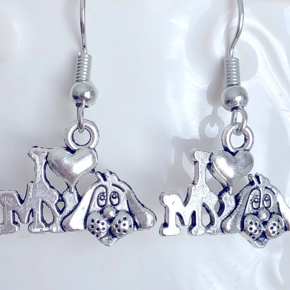 New I Love My Puppy Dog Dangling Hand Crafted Earrings Cute Fun Metallic Gift